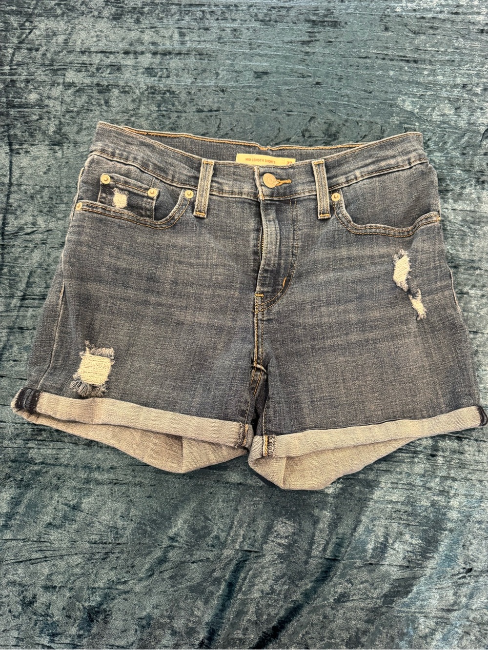Levi's Dark Blue Rolled Cuff Distressed Jean Shorts